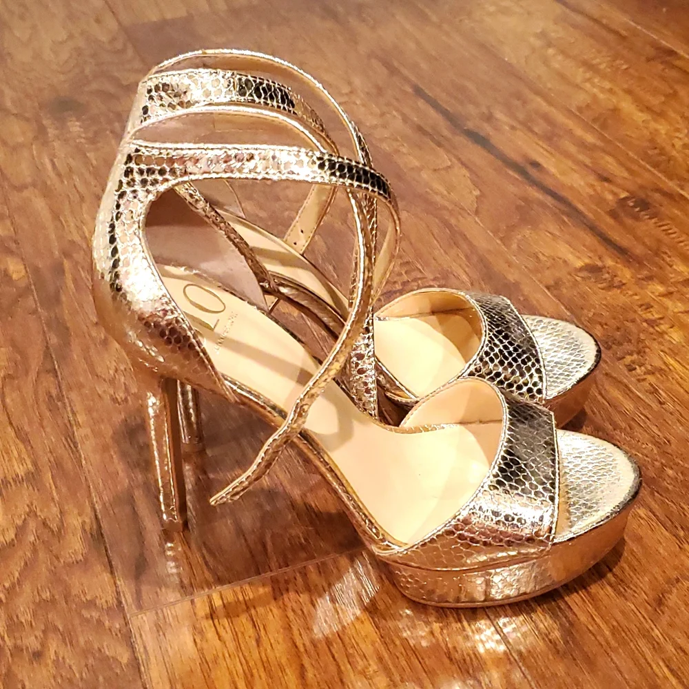 JLO Jennifer Lopez Gold Snakeskin Heeled Platform Sandals - Picture 3 of 7
